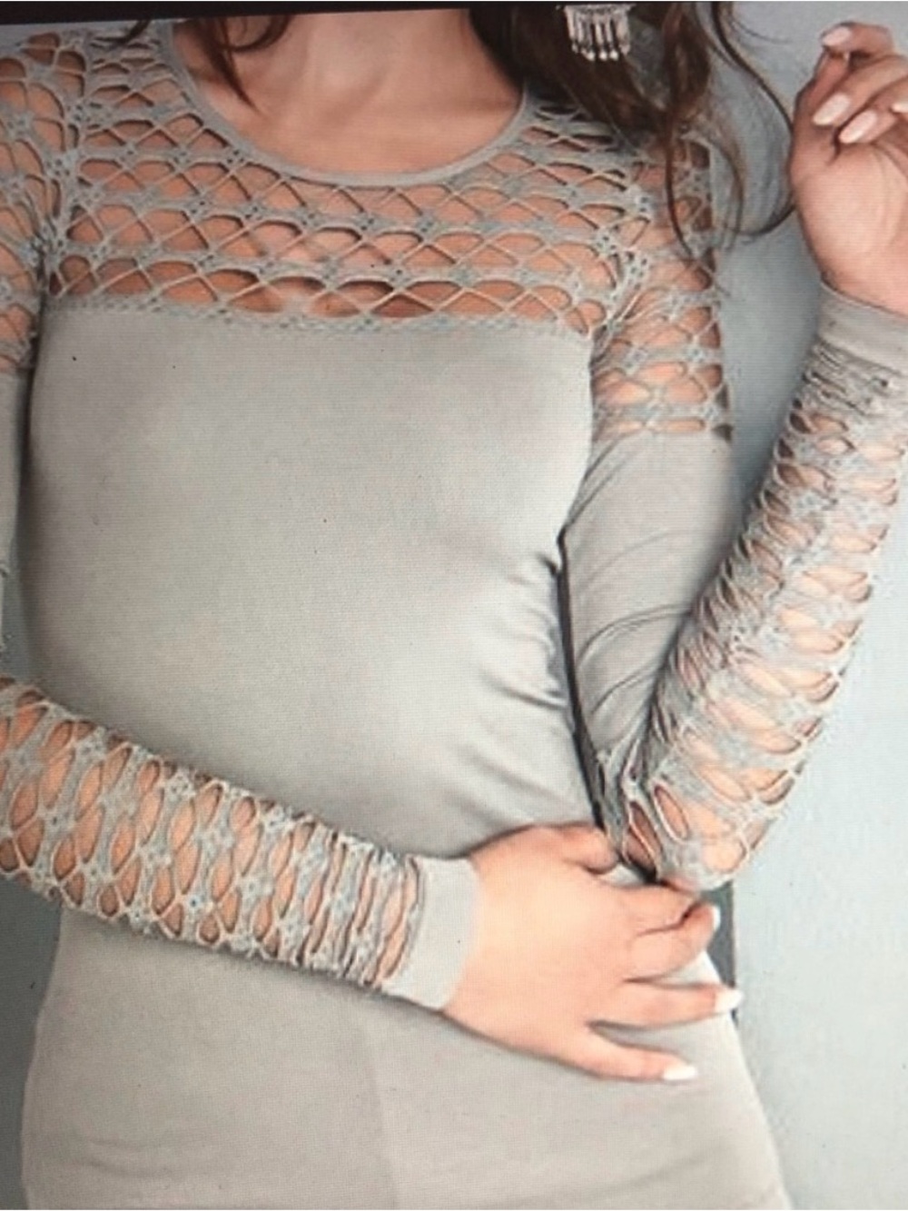 NWOT Lace-Inset Long Sleeve Women's Top in Light Gray
